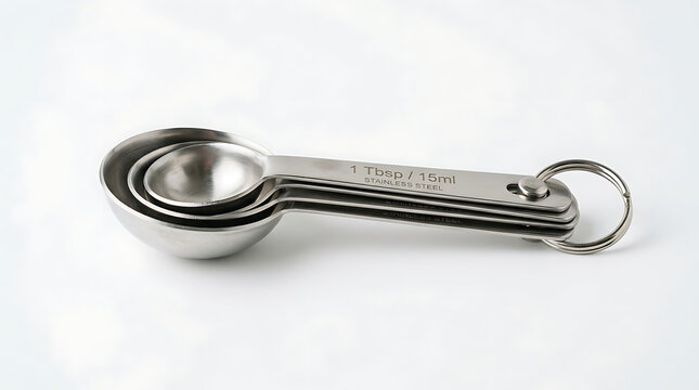 Stainless steel measuring spoons stacked on a bright clean white background for accurate culinary preparation and kitchen baking