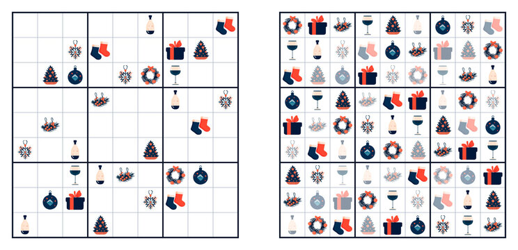 Classic hard Sudoku puzzle with Christmas icons and decorations for New Year  