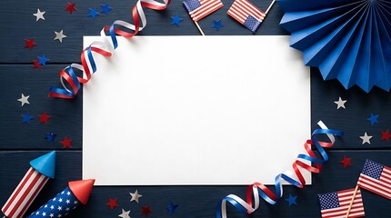 Obraz premium USA independence day happy independence day USA Fourth of July celebration flat lay with American flags, streamers, and firecrackers on dark wood Keywords