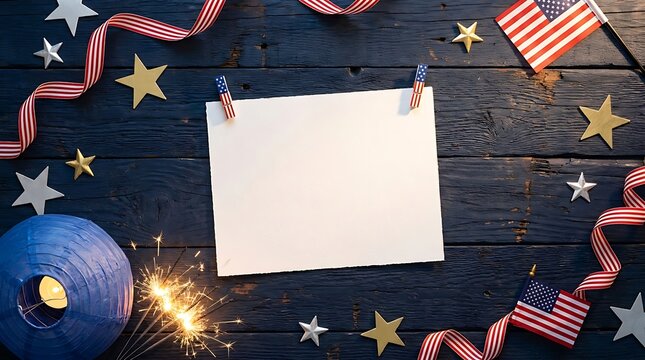 USA independence day happy independence day USA Dark wood surface with a blank card, American flags, sparklers, and patriotic star decorations Dark