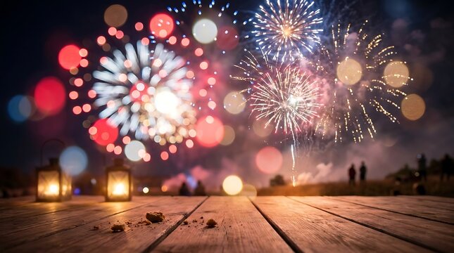 USA independence day happy independence day USA Festive Fireworks Display Over a Landscape with Lanterns on a Wooden Table fireworks, celebration