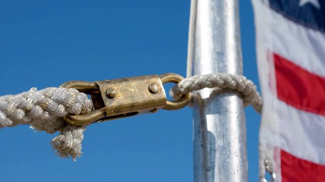 Cinematic 4K Close-up of American Flagpole Hardware and Rope with Waving USA Flag against a Clear Blue Sky during Independence Day