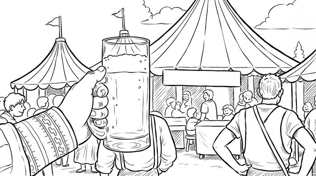 Coloring page festive fair with a beer mug held aloft in the foreground &mdash; lively, joyful scene inspired by Oktoberfest, Japanese matsuri, or urban summer fairs
