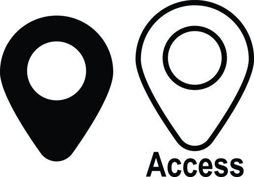 Black and white location pins with circles and text "access marker