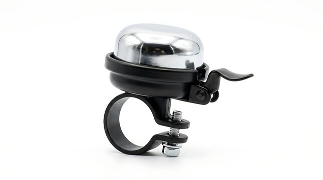 Chrome top bicycle bell with black mounting clamp isolated on white background for cycling safety and urban commuting equipment