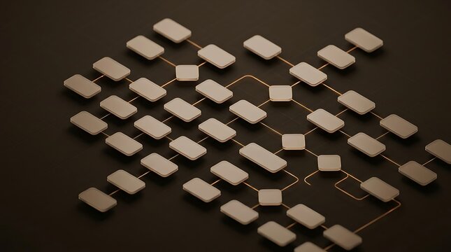 Abstract flowchart diagram with 3D blocks, organizational chart structure on dark background, corporate hierarchy and data mapping concept