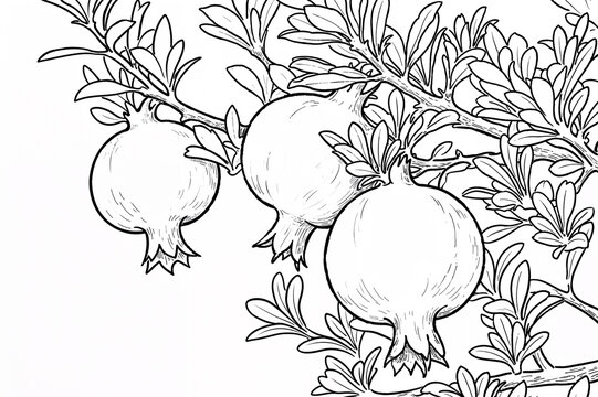 Coloring page pomegranate branch with fruits and leaves &mdash; symbolic design linked to fertility, abundance, and spiritual wisdom across cultures (Ancient Egypt, Persia, China, Mediterranean)