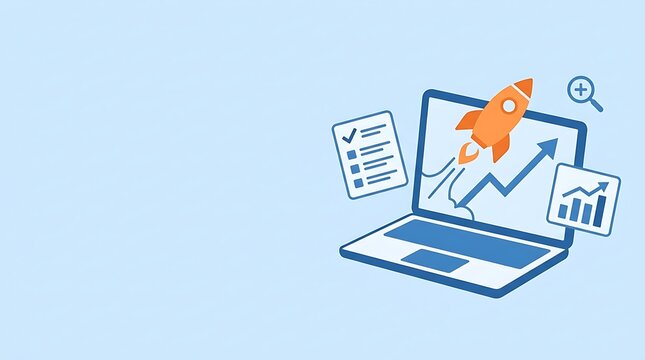 Business startup rocket launch on laptop screen, growth success concept with financial charts and data analysis, flat vector illustration