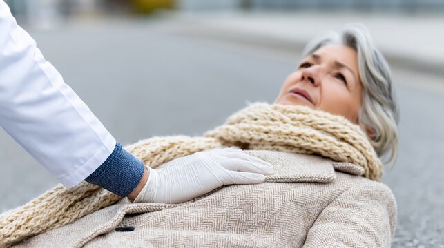 Older woman receiving medical attention on urban street