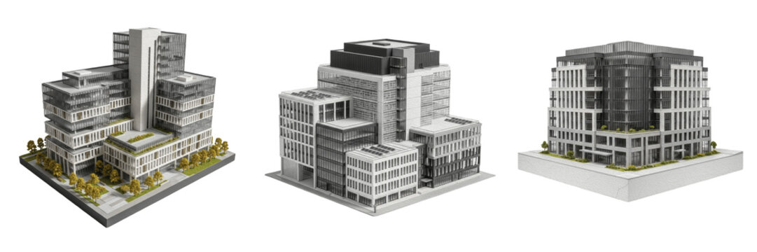 Modern Office Complex Collection, Commercial Building Models, 3D Architectural Visualization Assets, Corporate Headquarters Renderings, Urban Real Estate Elements, Isolated Business Park Structures, I