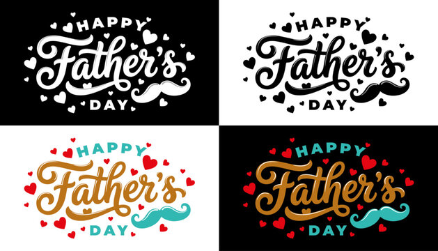 Collection of Happy Fathers Day typography designs with hearts and mustache on white and black background
