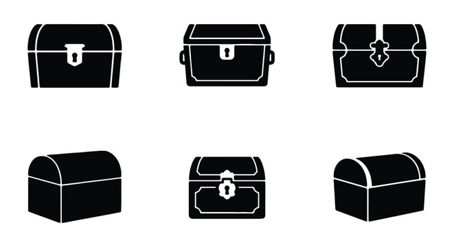 Set of treasure chest icons, vector illustration of wooden pirate boxes with locks for games and adventure design