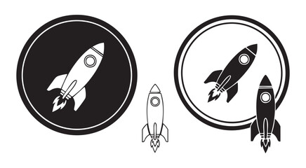 Black rocket ship icons on round frames for space mission design and cosmic flight imagery concepts. © MdAbdul
