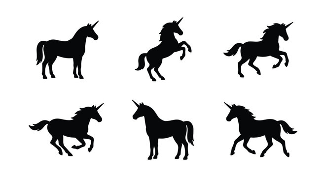 Set of unicorn silhouettes in various poses