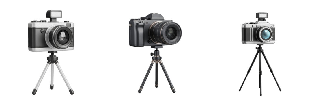 Set of 3D Digital Cameras on Tripods Isolated on White Background