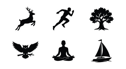 Obraz premium Set of black silhouettes of a deer, a running man, a tree, an owl, a person meditating, and a sailboat