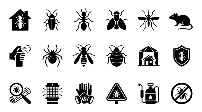 Set of black glyph icons for pest control services includes insects like cockroaches and ants, rodents, and extermination equipment like sprayers, traps, and warning signs