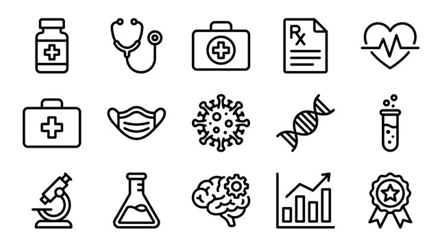 Collection of black outline medical icons for healthcare and science, including a virus, DNA helix, brain, microscope, stethoscope, and prescription symbol in a minimalist style