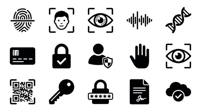 Set of black solid glyph icons representing security, authentication, and biometric identification, including fingerprint, face recognition, eye scan, password, and DNA