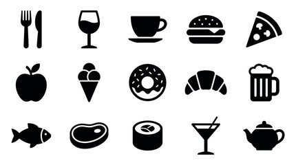 Collection of black glyph food icons representing various meals and drinks, including symbols for pizza, burger, coffee, wine, and sushi for restaurant or menu design