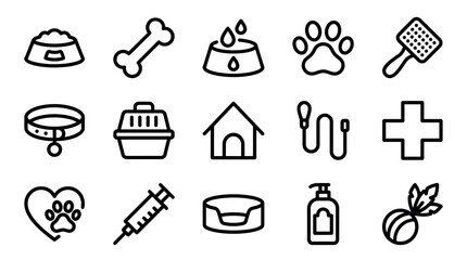 Fototapeta premium Collection of minimalist pet care icons representing animal accessories, grooming tools, veterinary supplies, and toys in a simple black line art style