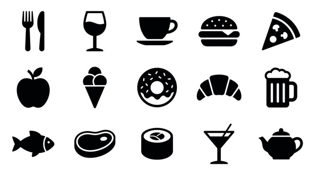 Collection of black glyph food icons representing various meals and drinks, including symbols for pizza, burger, coffee, wine, and sushi for restaurant or menu design