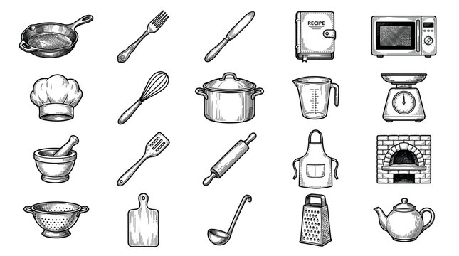 Set of vintage kitchen utensils and cooking equipment is illustrated in a detailed black and white hand-drawn engraving style, featuring various culinary tools for food preparation