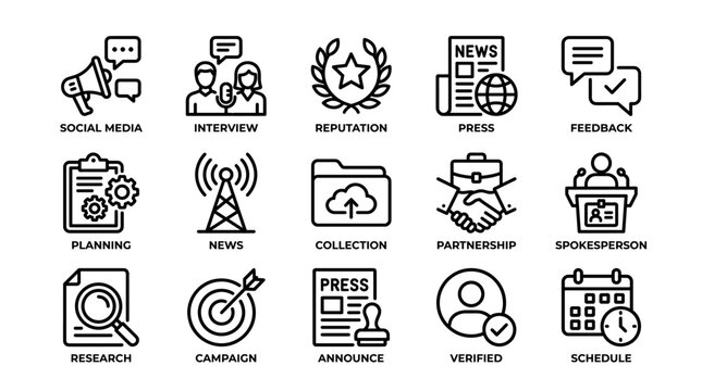 Collection of black outline icons for public relations and media, a minimalist symbol set for concepts like communication, marketing, press, interview, and reputation