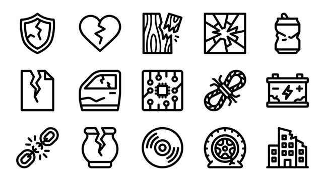 Collection of black line icons representing damage, destruction, and failure, including a broken heart, shattered glass, a flat tire, a cracked shield, and a ruined building