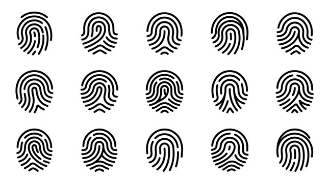 Collection of black fingerprint icons with unique patterns arranged in rows, representing security, identity, and biometrics with minimalist thumbprint designs in a clean line art style