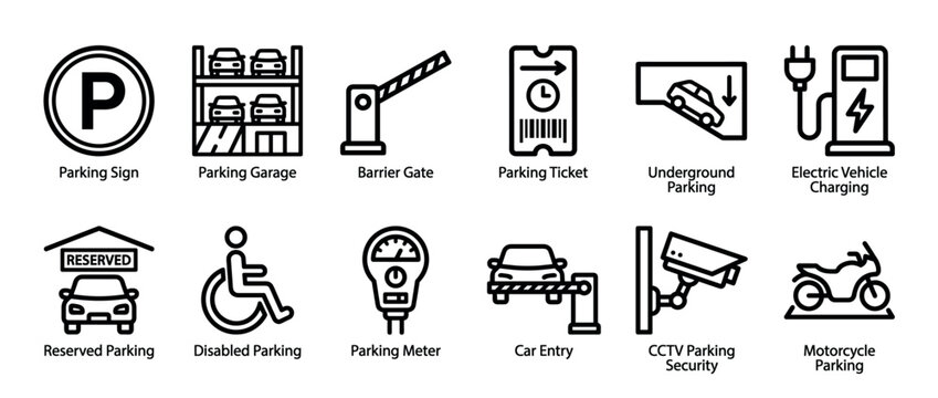 Twelve black outline vector icons for car parking services, showing a sign, garage, barrier, ticket, EV station, reserved spot, accessibility symbol, meter, and security camera