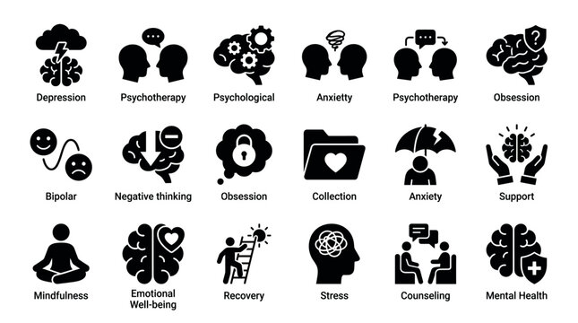 Mental health and psychology solid glyph icons set representing depression, anxiety, psychotherapy, stress, and emotional well-being concepts for graphic design