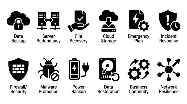 Set of black glyph icons for business continuity and disaster recovery, showing concepts like data backup, server redundancy, cloud storage, malware protection, and network resilience