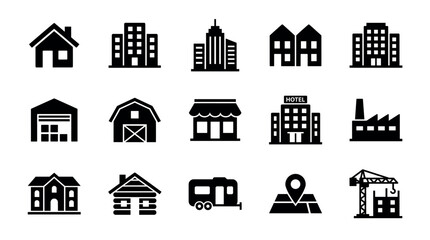 Fototapeta premium Diverse set of black building icons representing various types of real estate, from residential houses and urban skyscrapers to commercial shops, factories, and construction sites