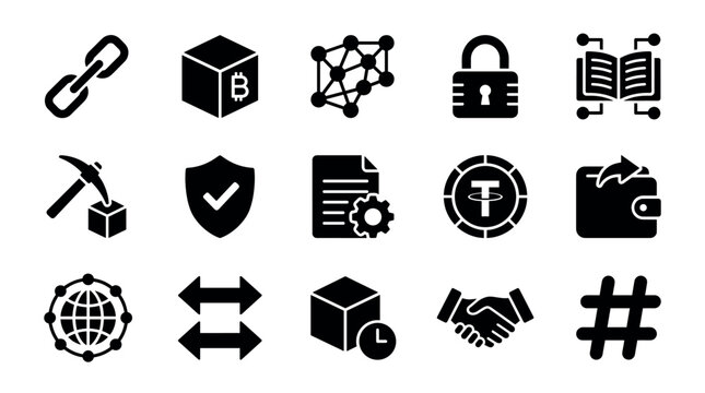 Set of black blockchain technology icons representing cryptocurrency, decentralized finance, and web3 concepts like mining, smart contracts, security, and digital wallets in a glyph style