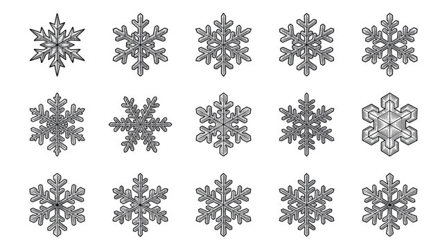 Collection of fifteen unique snowflake illustrations in a black and white vintage engraving style, showcasing the intricate and symmetrical patterns of ice crystals