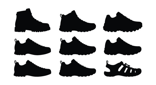 Set of silhouettes of different types of sports shoes and hiking boots