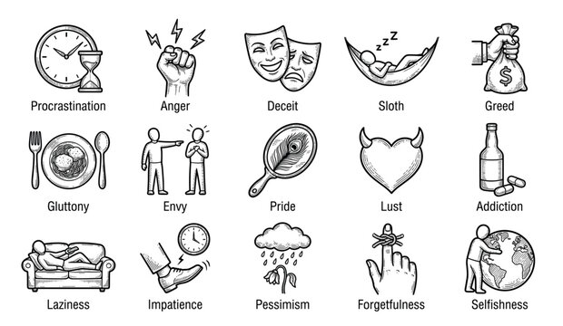 Set of black and white icons illustrating human sins and negative psychological traits like greed, anger, sloth, and envy in a vintage hand-drawn engraving style