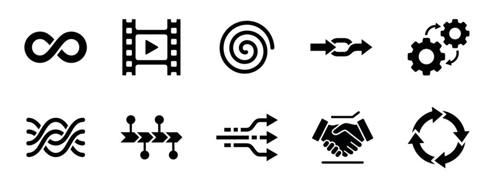 Set of ten black minimalist business icons representing concepts of workflow, automation, strategy, and partnership, including symbols for infinity, gears, and cyclical processes