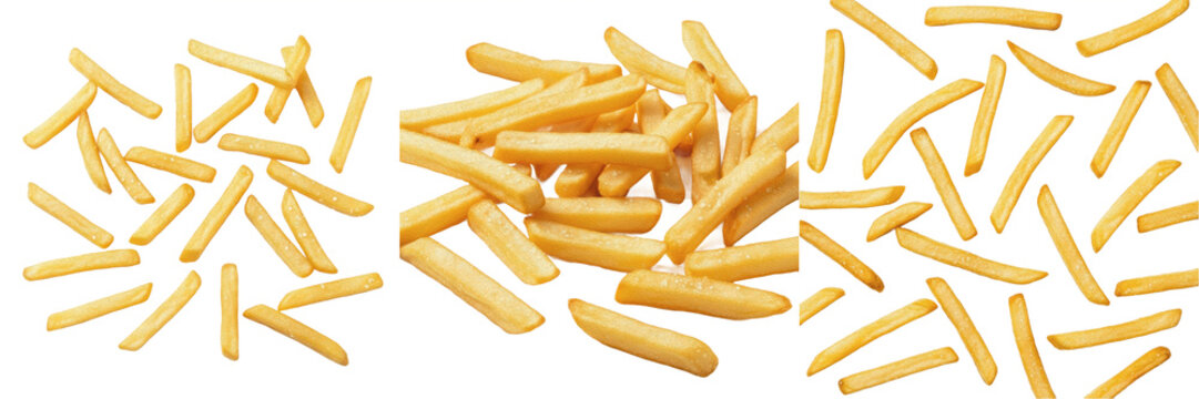 Set of 3 Delicious Golden French Fries PNGs, Crispy Fried Potato Strips, Isolated Transparent Backgrounds for Fast Food and Restaurant Menu Design