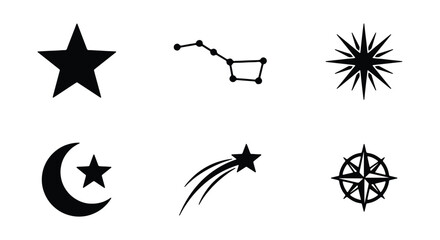 Set of celestial and navigation icons including stars, constellation, moon, shooting star and compass rose © PURE VECTOR WORK