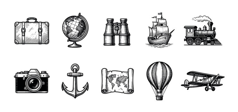 Collection of ten vintage travel icons in a hand-drawn engraving style, featuring a suitcase, globe, sailing ship, steam train, camera, and hot air balloon