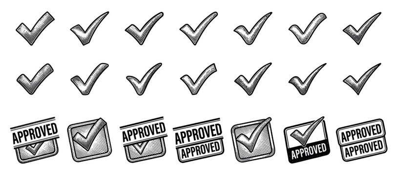 Hand drawn check mark and approved stamp collection in a vintage woodcut style, showcasing various icons for validation, confirmation, and agreement with detailed hatching