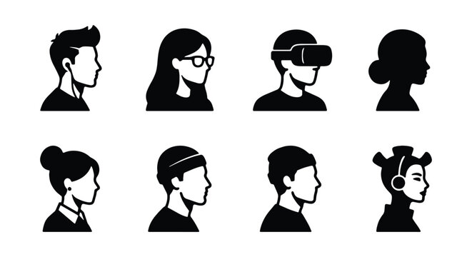 Set of diverse people profile silhouettes, side view avatars of men and women with different hairstyles and accessories, vector illustration