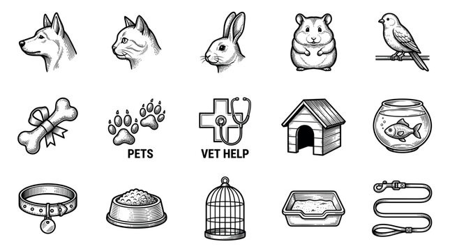 Collection of pet and veterinary care icons in a hand-drawn vintage engraving style, featuring a dog, cat, rabbit, hamster, bird, fish, and various pet supplies