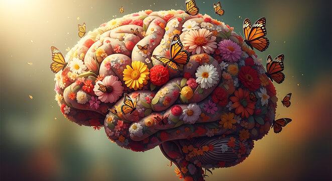 Brain covered with colorful flowers and butterflies in natural scenery transparent background