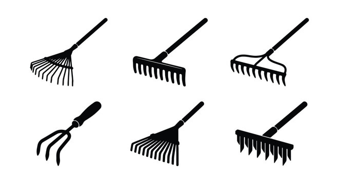 Set of garden rakes icons, black silhouettes of agricultural tools for lawn maintenance and soil cultivation