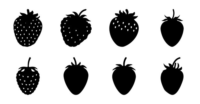 Black strawberries vector illustration set - Minimalist vector icons of black strawberries in various shapes and sizes, ready for design projects and digital use.