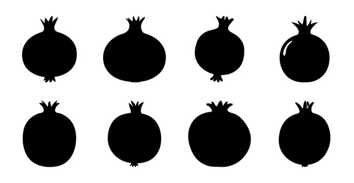Black pomegranate fruit icon set with seeds - Minimalist black silhouette icons of pomegranates showing seeds, arranged in two rows of four for design or illustration use.
