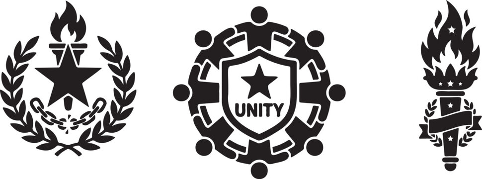 Black unity and teamwork icons with star and torch